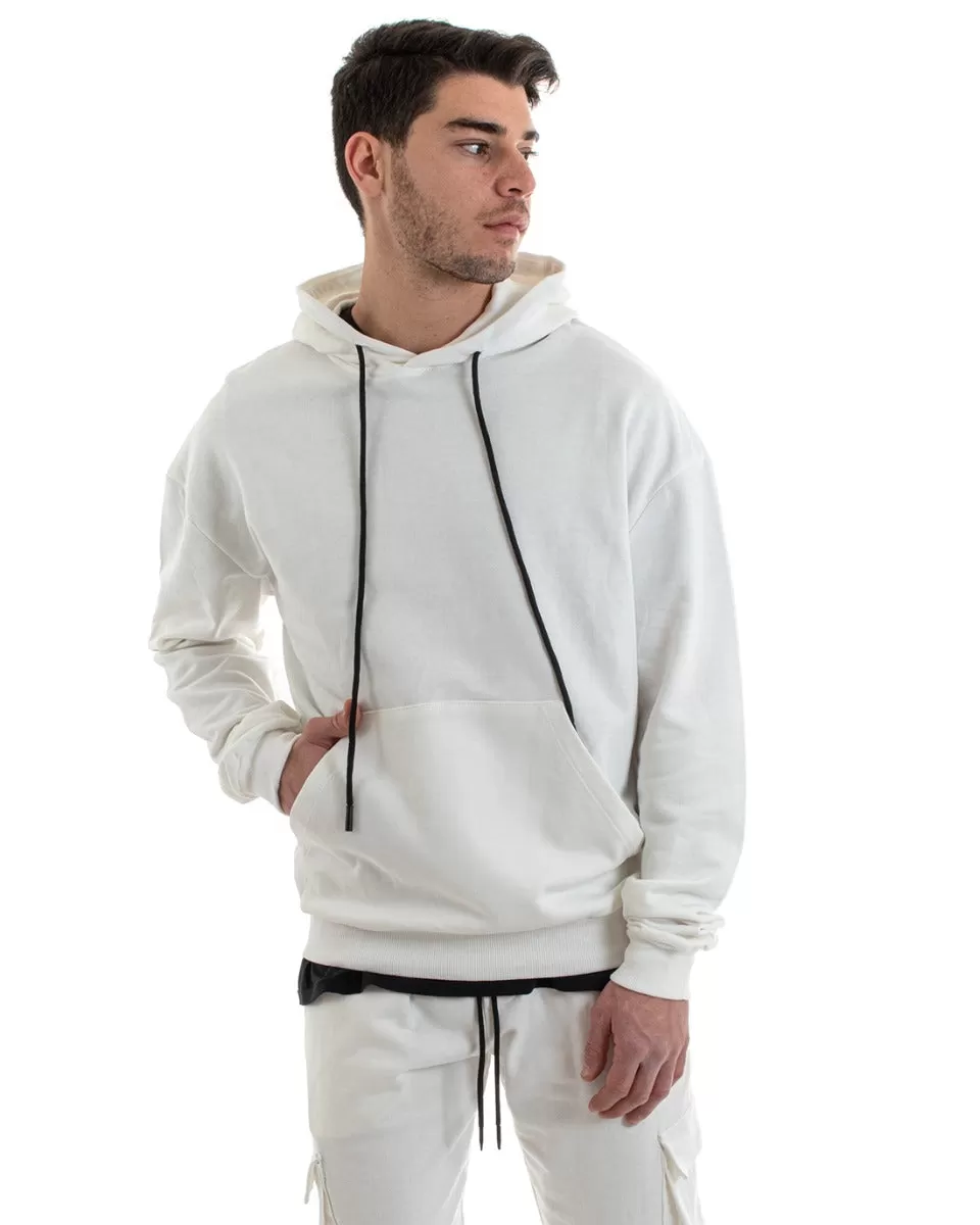 Felpa Con Cappuccio Uomo Basic Tinta Unita Bianco Comoda Relaxed Fit Cotone GIOSAL-F2982A