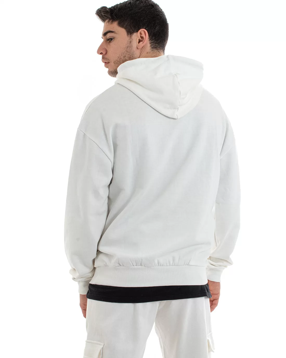 Felpa Con Cappuccio Uomo Basic Tinta Unita Bianco Comoda Relaxed Fit Cotone GIOSAL-F2982A