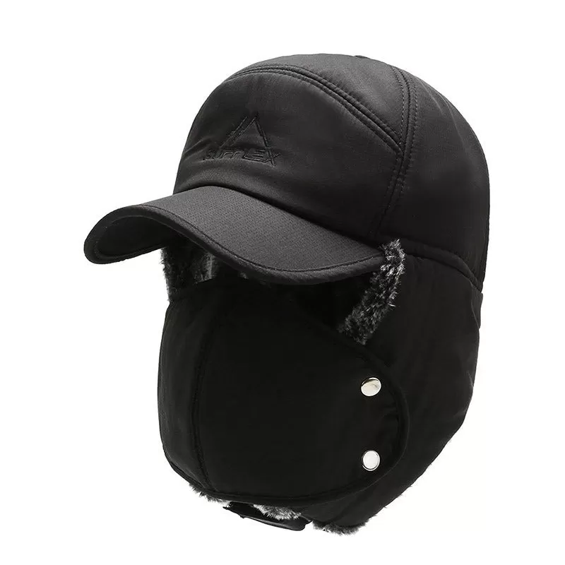 Fleece Lined Curve Brim Trapper Hat with Face Mask (Black/Blue/Gray)