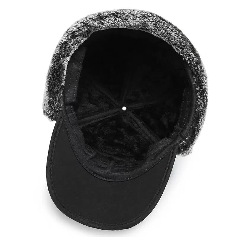 Fleece Lined Curve Brim Trapper Hat with Face Mask (Black/Blue/Gray)