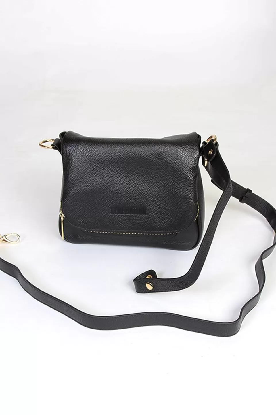 For Keeps Black Leather Fold Over Cross Body Gold Hardware Bag