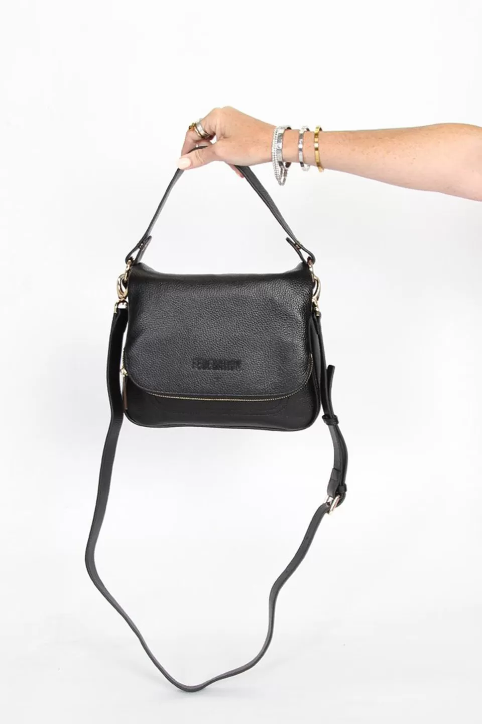 For Keeps Black Leather Fold Over Cross Body Gold Hardware Bag