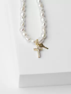 Freshwater Pearl and Mini GRACE Pavé Cross Necklace