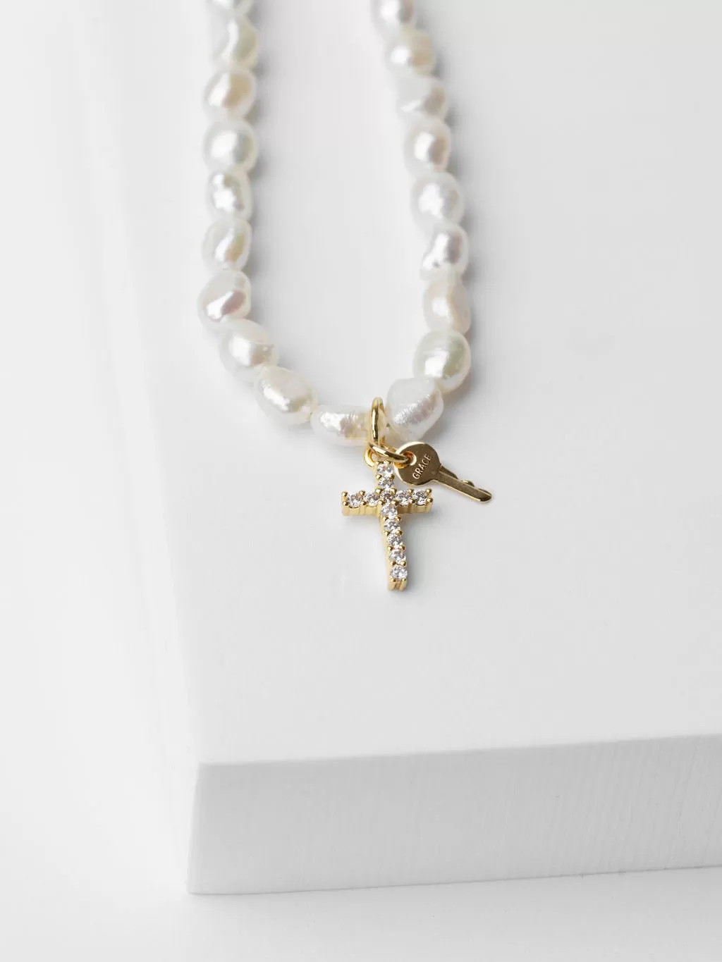 Freshwater Pearl and Mini GRACE Pavé Cross Necklace