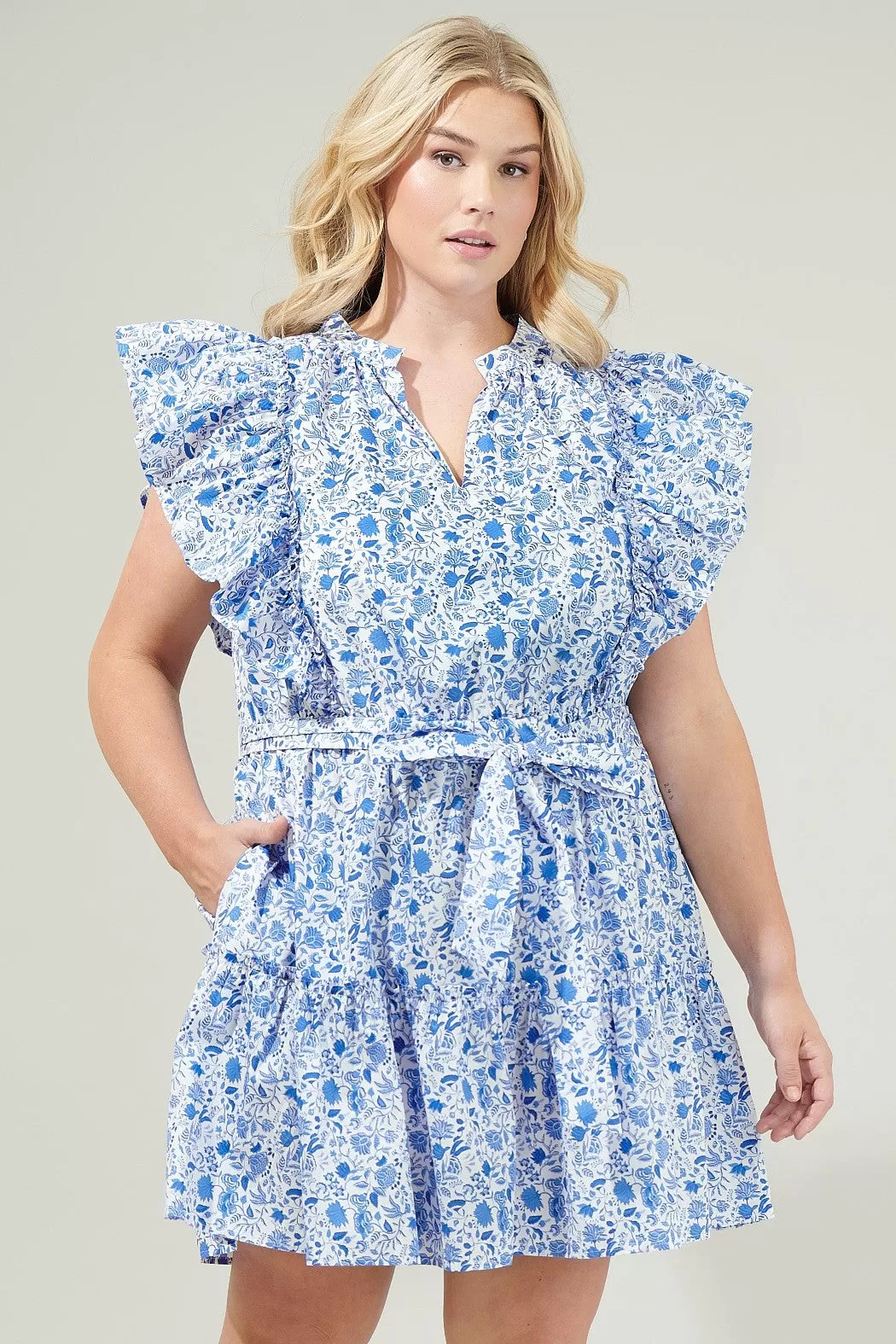 Hailey Floral Belted Mini Dress, Blue/White | Plus Size