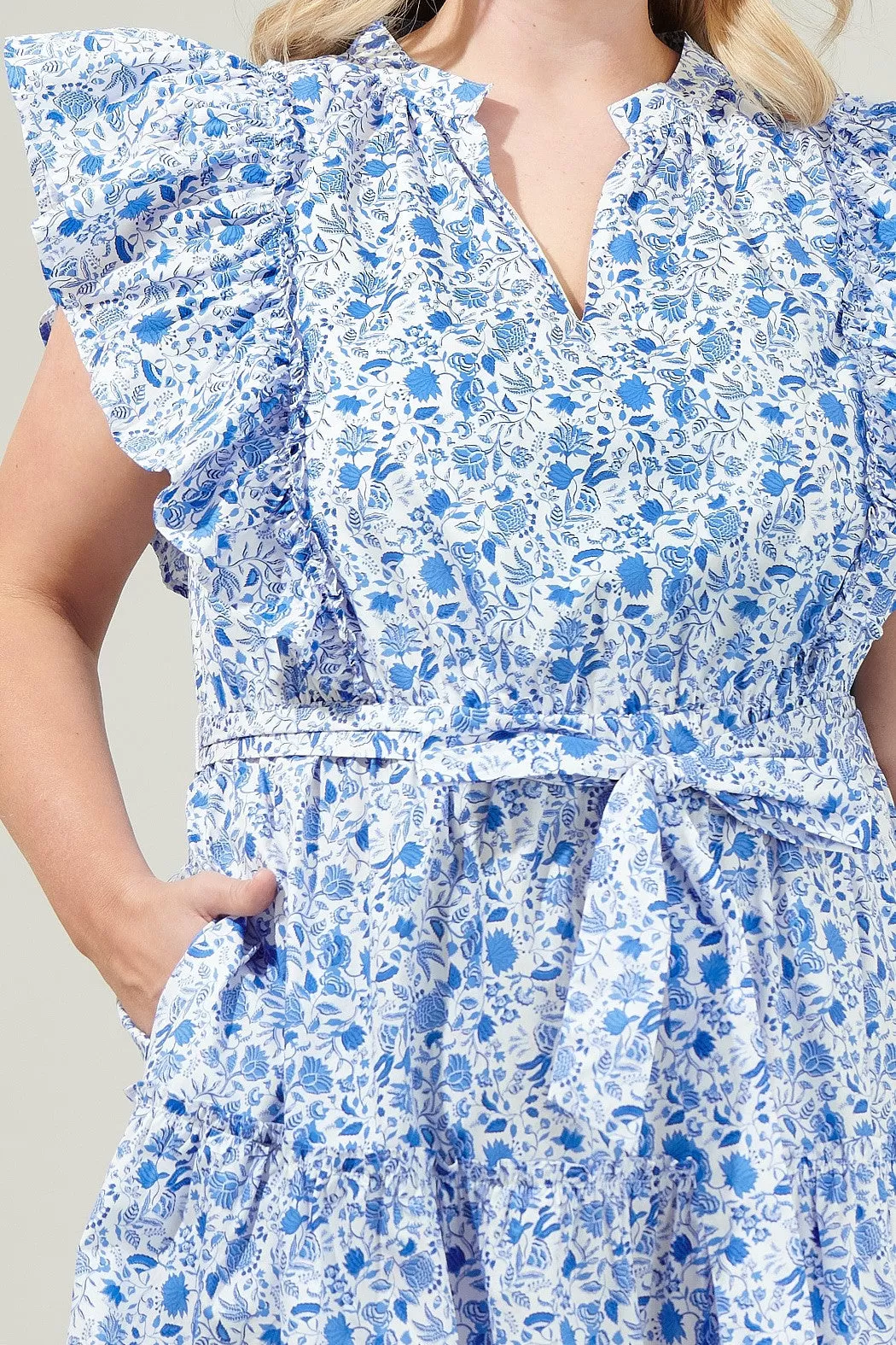 Hailey Floral Belted Mini Dress, Blue/White | Plus Size