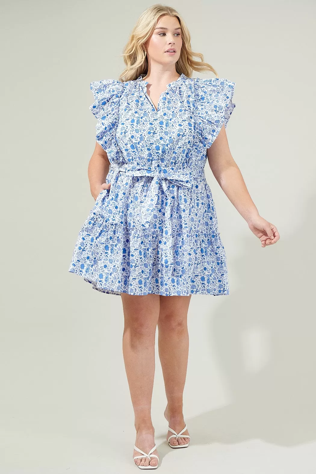 Hailey Floral Belted Mini Dress, Blue/White | Plus Size