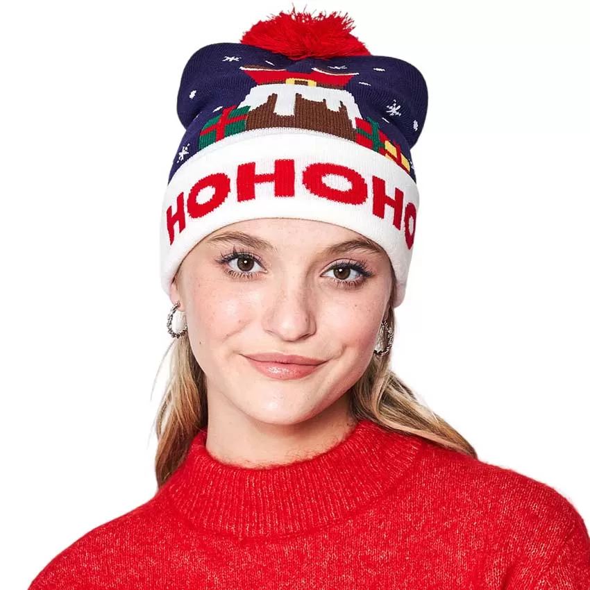 HoHoHo Message Santa Claus Pom Pom Beanie Hat