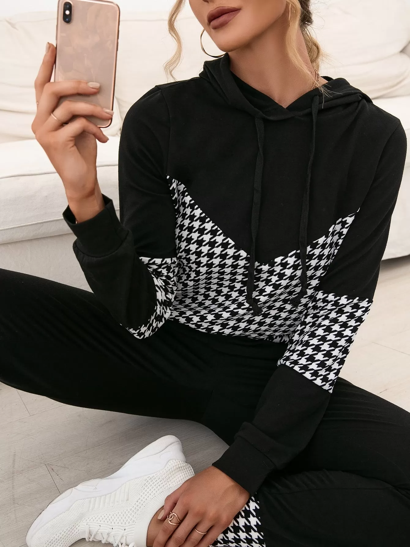 Houndstooth Drawstring Hoodie Sweatpants