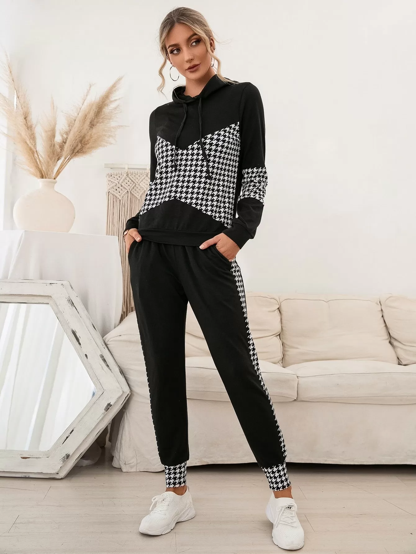 Houndstooth Drawstring Hoodie Sweatpants