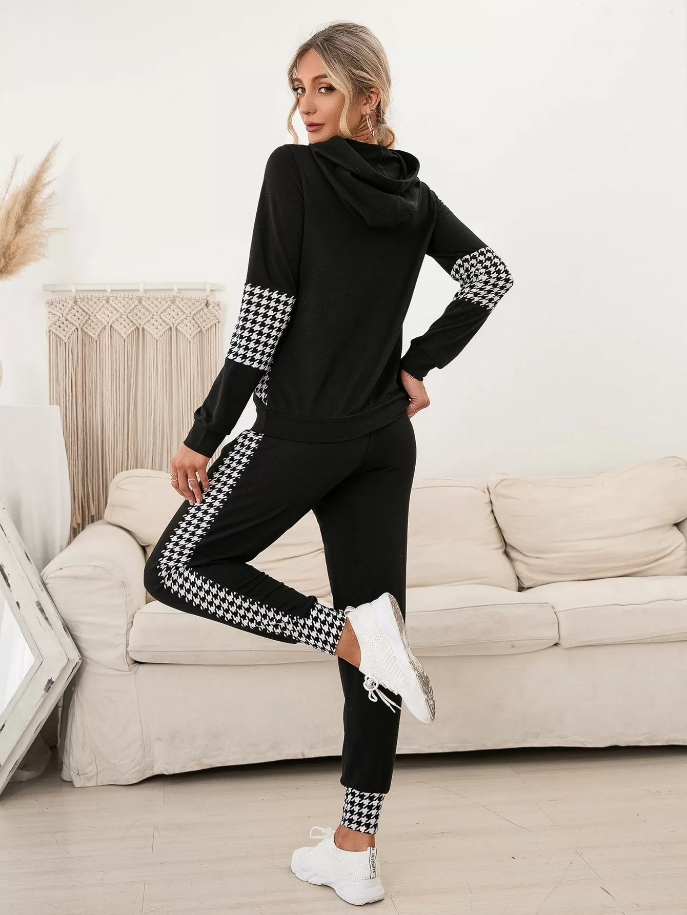 Houndstooth Drawstring Hoodie Sweatpants