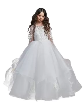 Jewel Neck Lace Long Sleeves Floor-Length Princess Silhouette Embroidered Kids Party Dresses