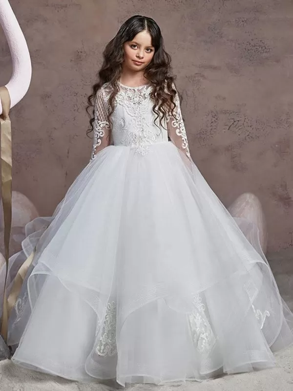 Jewel Neck Lace Long Sleeves Floor-Length Princess Silhouette Embroidered Kids Party Dresses