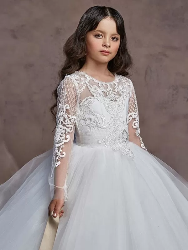 Jewel Neck Lace Long Sleeves Floor-Length Princess Silhouette Embroidered Kids Party Dresses