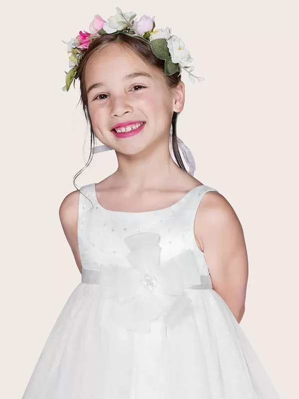 Jewel Neck Sleeveless A-Line Kids Party Dresses Ivory Tulle Flower Girl Dresses