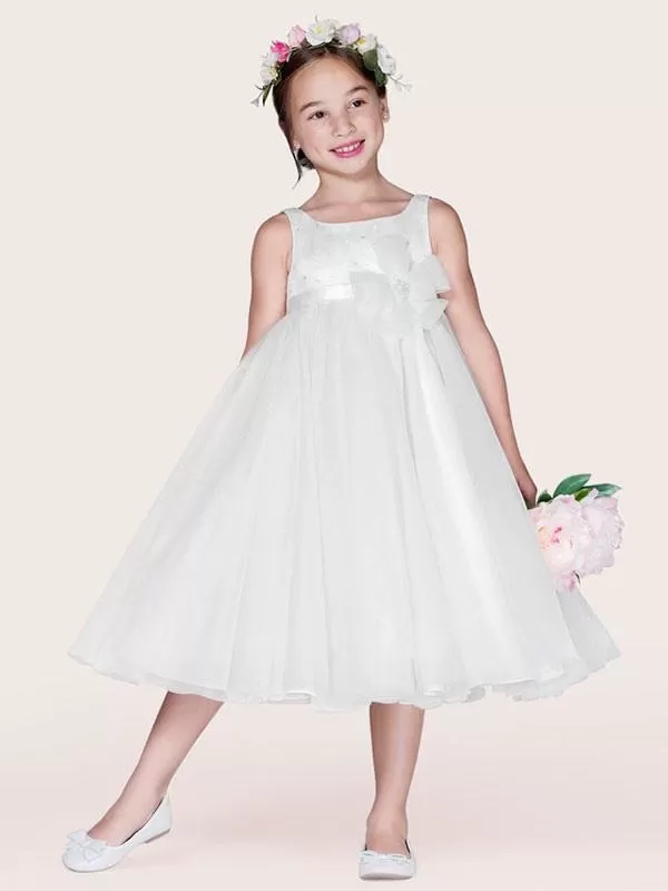 Jewel Neck Sleeveless A-Line Kids Party Dresses Ivory Tulle Flower Girl Dresses