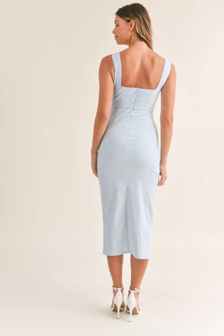 Jullien Linen Ruched Midi Dress - Light Blue