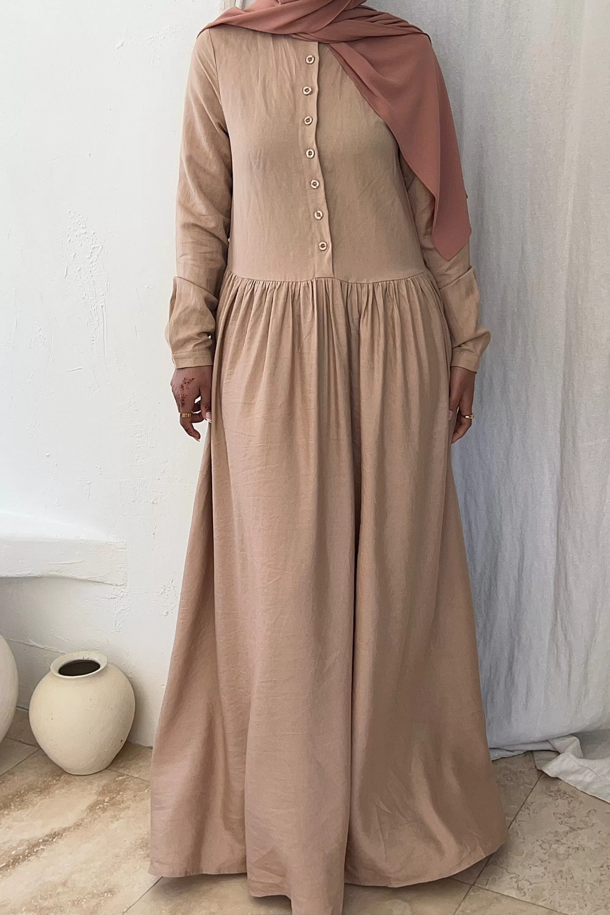 Karima Flowy Linen Maxi Shirt Dress - Taupe