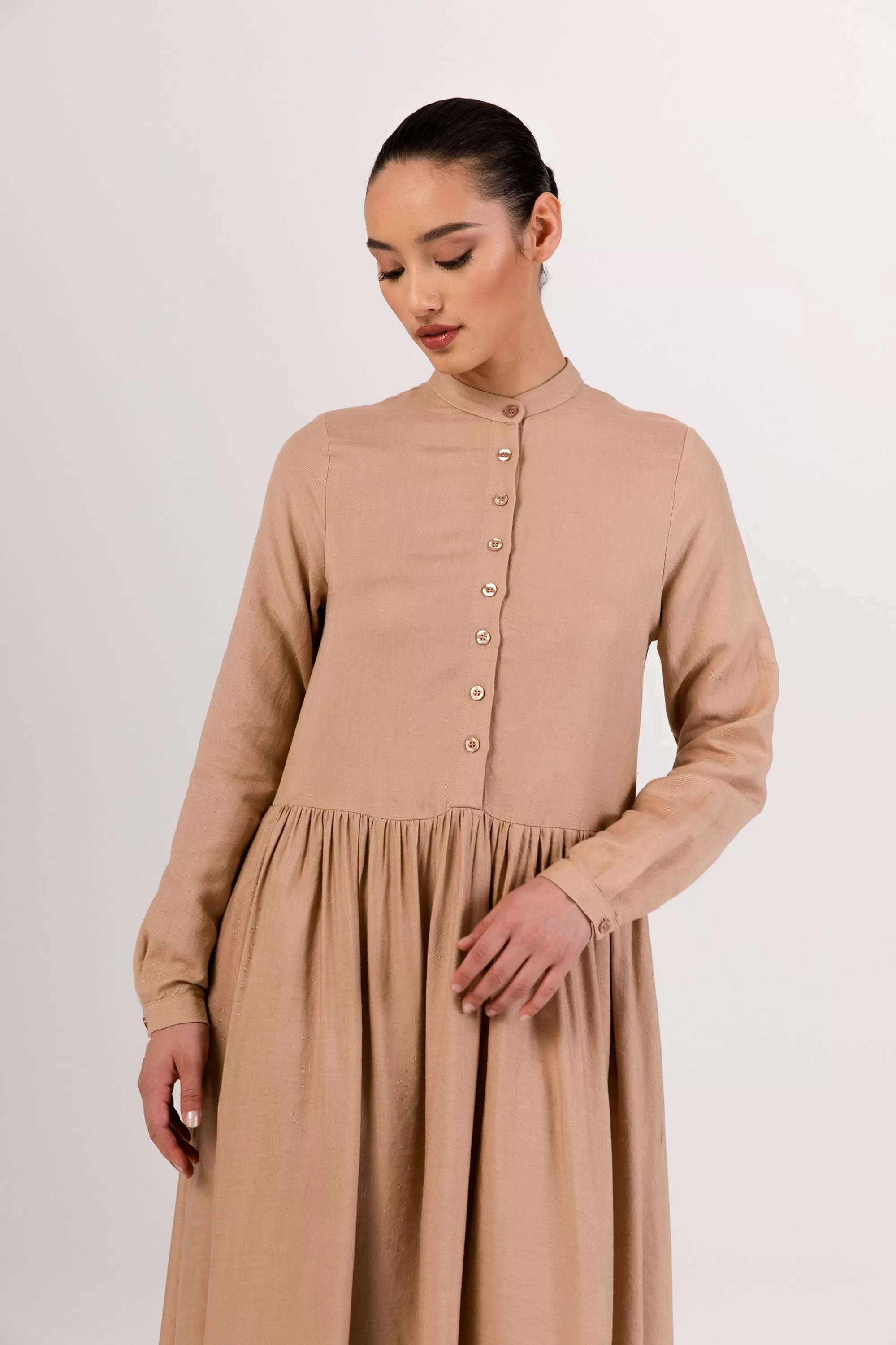 Karima Flowy Linen Maxi Shirt Dress - Taupe