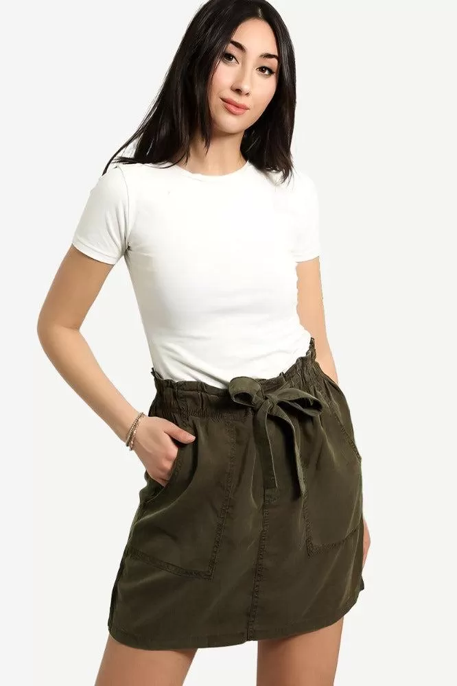 Khaki Belted Skirt With Pockets