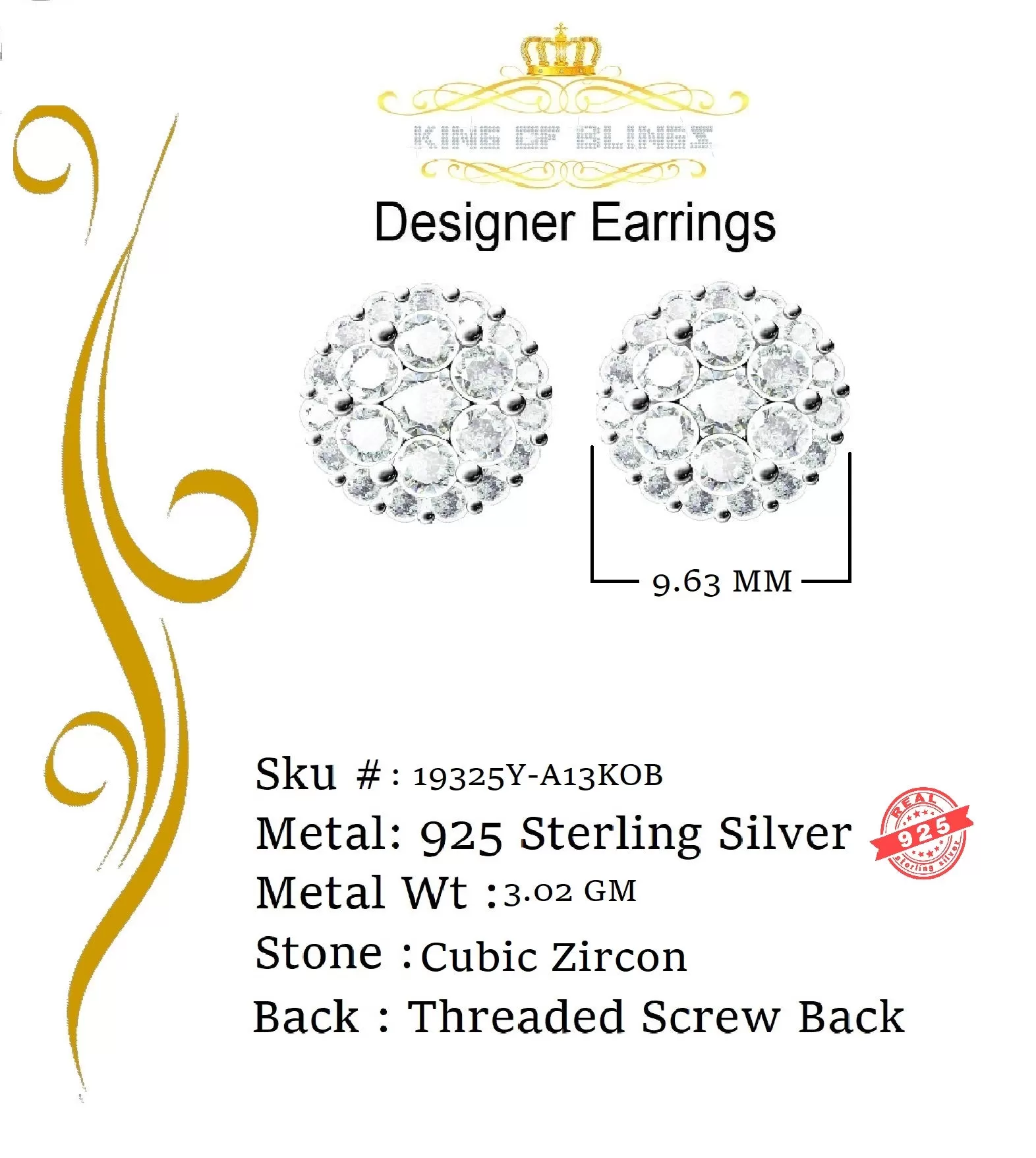 King of Bling's Aretes Para Hombre 925 Yellow Silver 2.45ct Cubic Zirconia Round Women's Earring