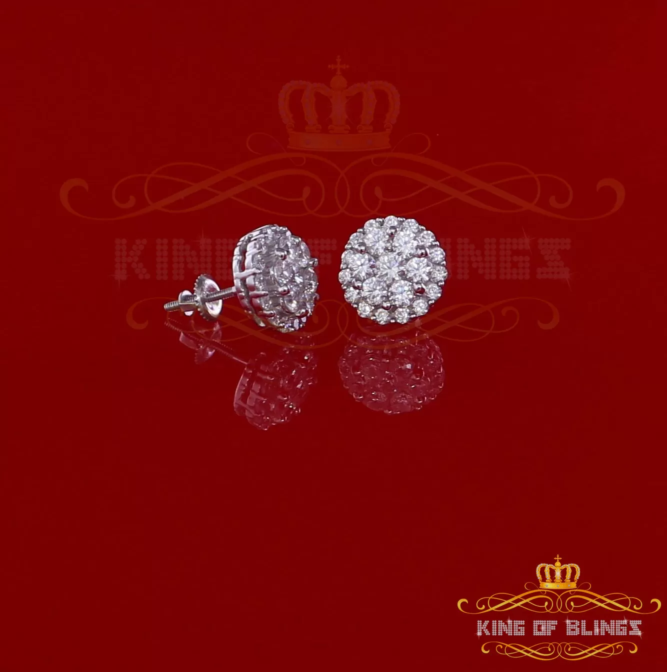 King of Blings- Aretes Para Hombre 925 White Silver 1.49ct Cubic Zirconia Floral Women Earrings