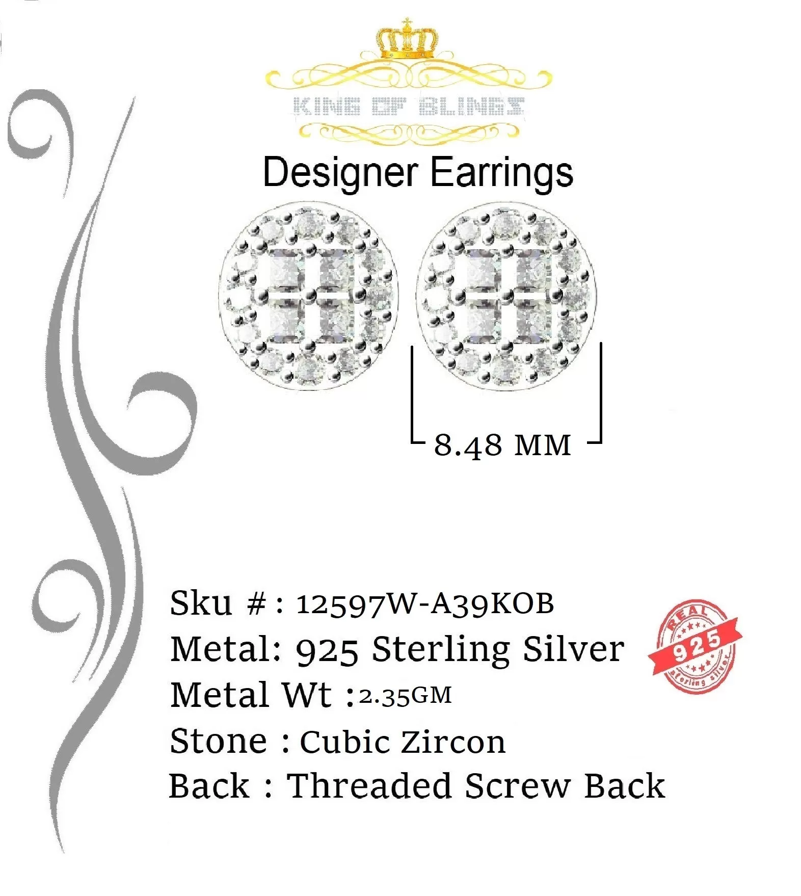 King of Blings- Aretes Para Hombre 925 White Silver 1.68ct Cubic Zirconia Round Women's Earrings