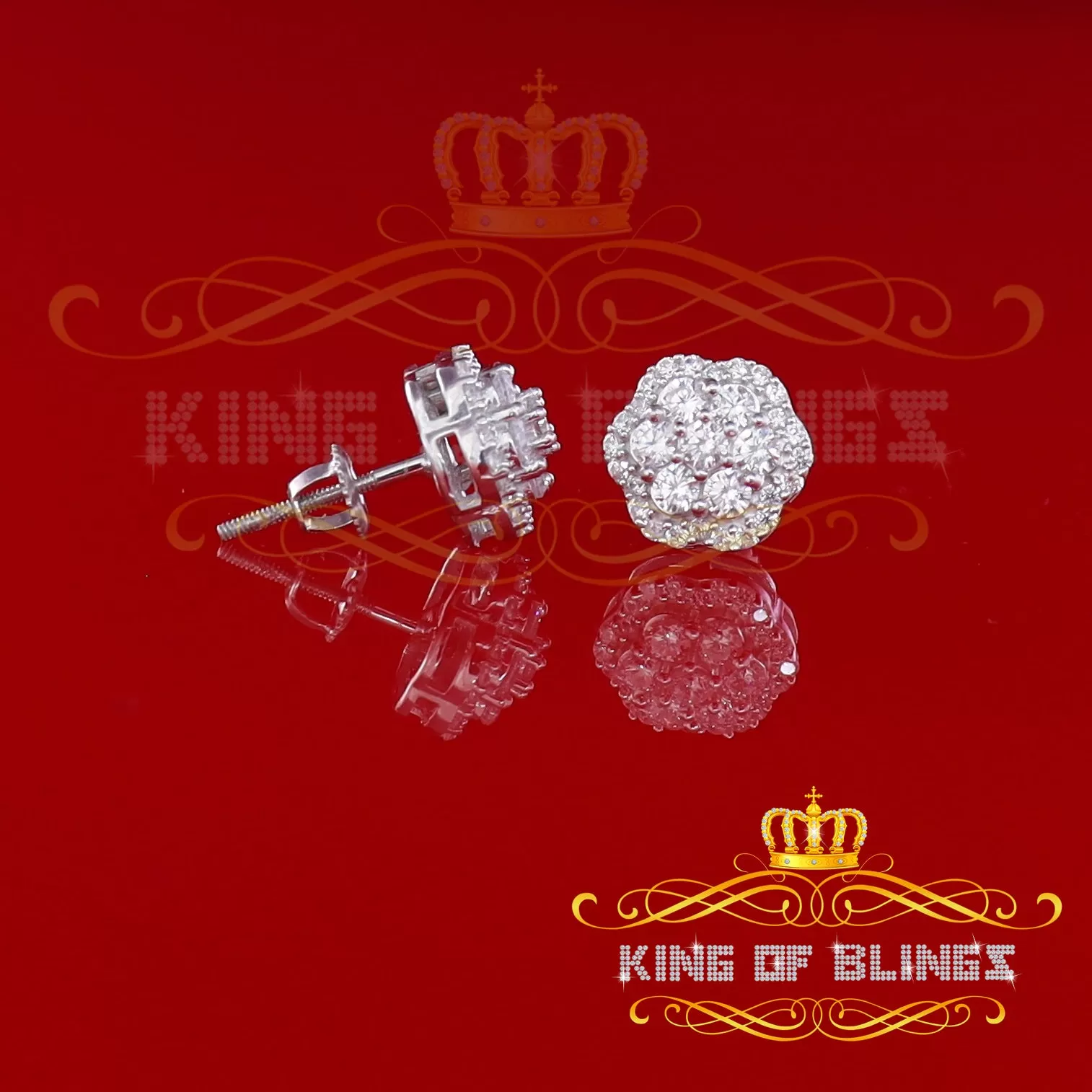 King of Blings- Aretes Para Hombre 925 White Silver 1.74ct Cubic Zirconia Flower Women's Earring