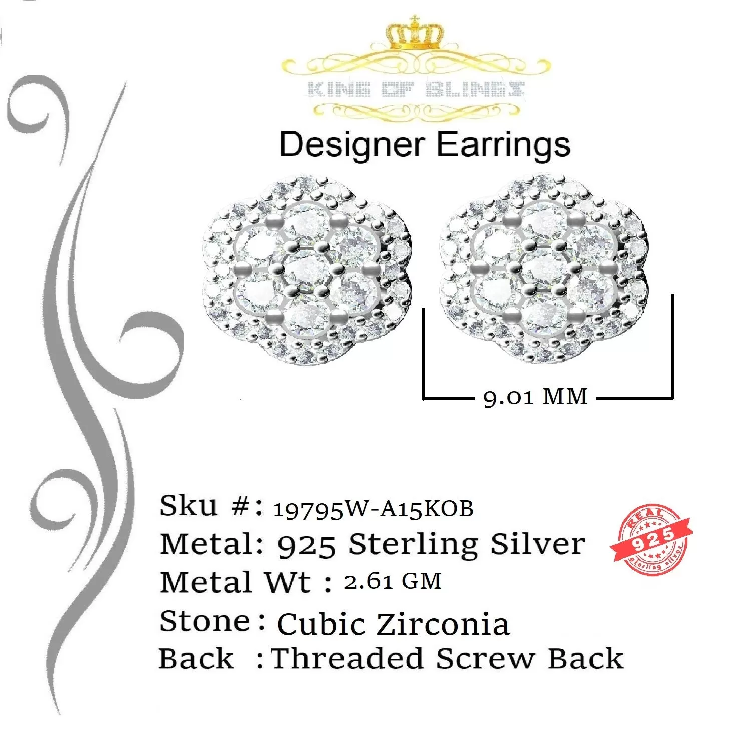 King of Blings- Aretes Para Hombre 925 White Silver 1.74ct Cubic Zirconia Flower Women's Earring