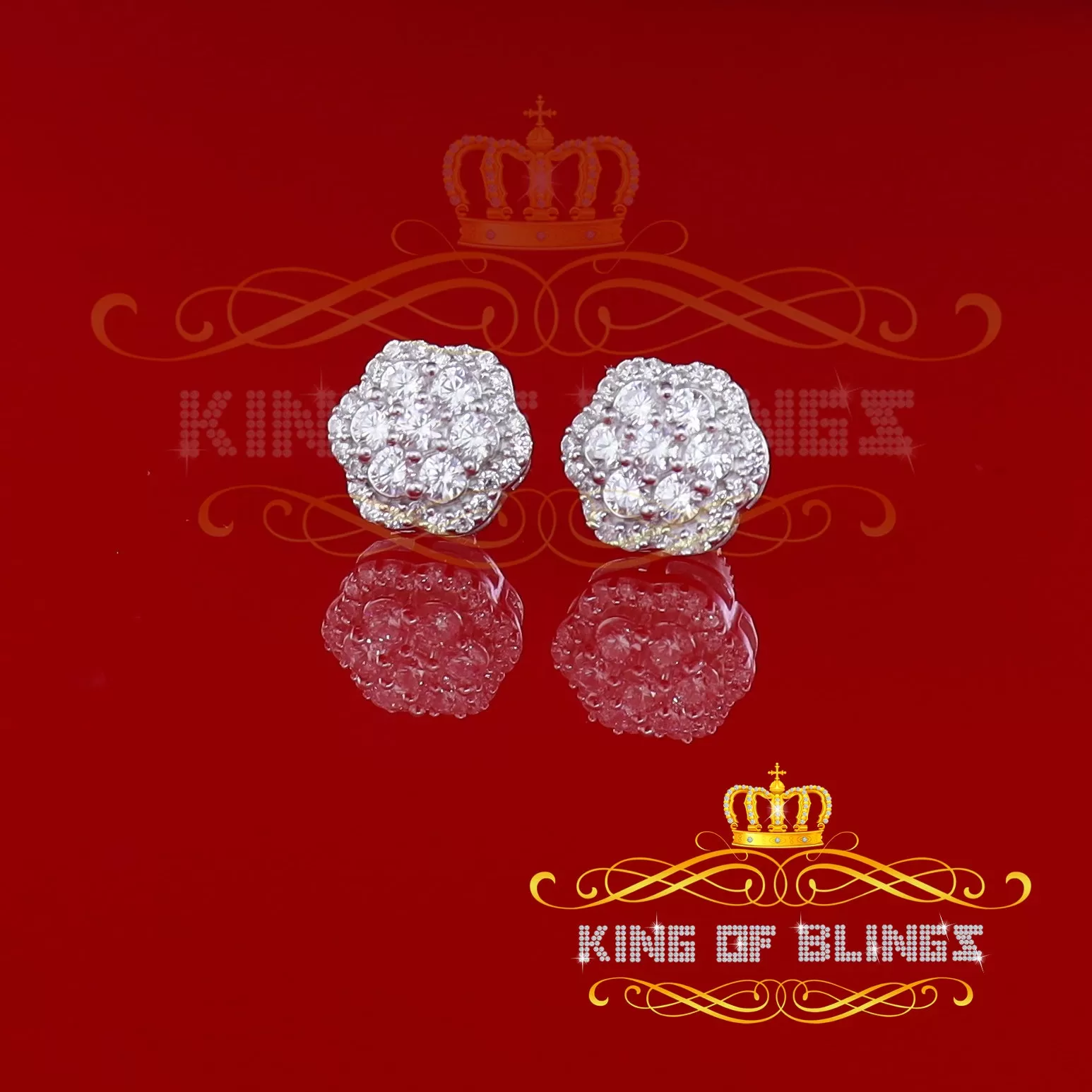 King of Blings- Aretes Para Hombre 925 White Silver 1.74ct Cubic Zirconia Flower Women's Earring