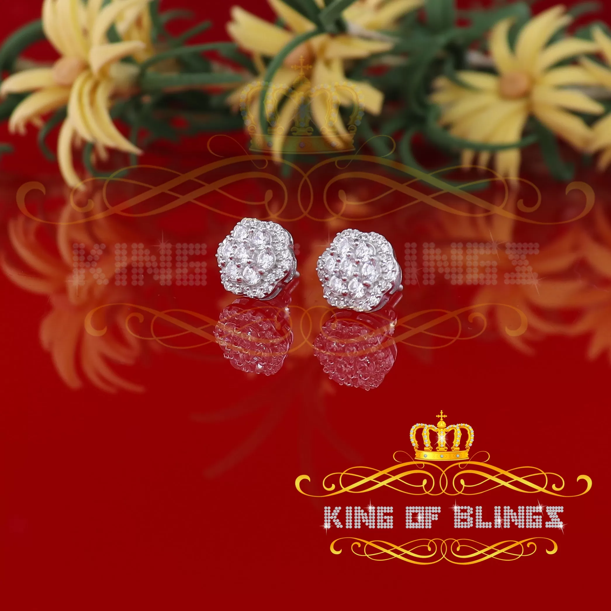 King of Blings- Aretes Para Hombre 925 White Silver 1.74ct Cubic Zirconia Flower Women's Earring