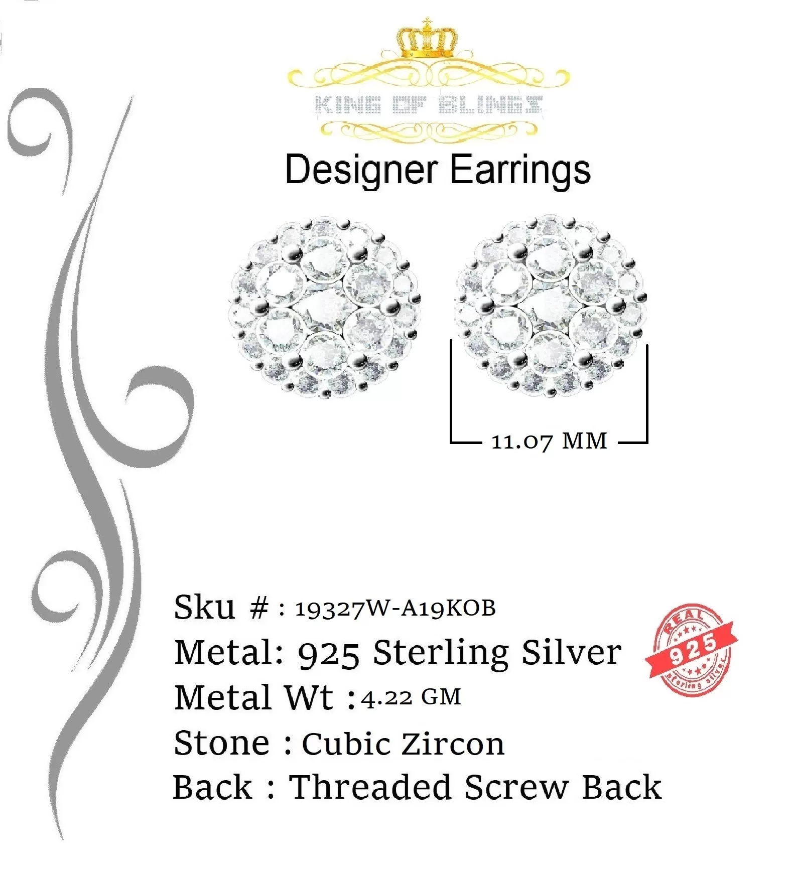 King of Blings- Aretes Para Hombre 925 White Silver 2.53ct Cubic Zirconia Round Women's Earring