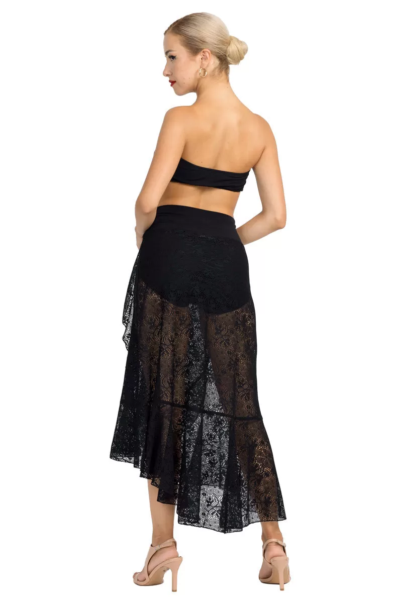 Lace Asymmetric Wrap Skirt With Ruffles (XS,S,M) (Black,White)