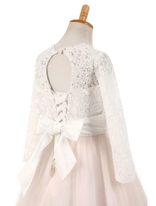 Lace Tulle Long Sleeve Flower Girl Dresses Satin Pageant Dresses Sash Blush Pink Floor Length Party Dress