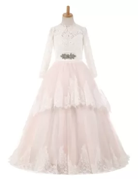 Lace Tulle Long Sleeve Flower Girl Dresses Satin Pageant Dresses Sash Blush Pink Floor Length Party Dress