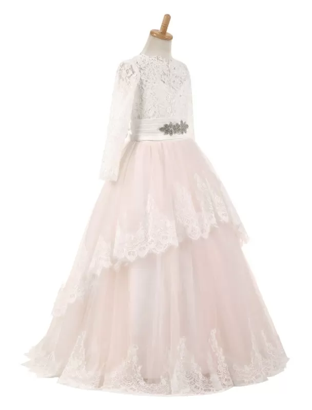 Lace Tulle Long Sleeve Flower Girl Dresses Satin Pageant Dresses Sash Blush Pink Floor Length Party Dress