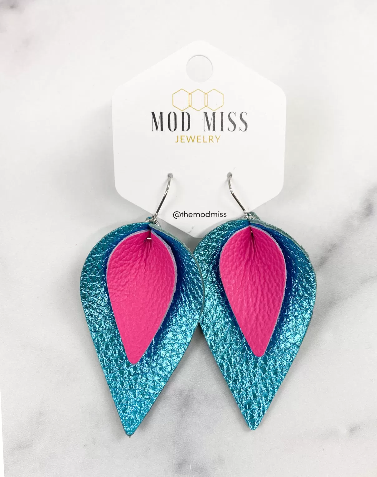 Leather Stacked  Petal Earring Hot Pink   Metallic Turquoise 