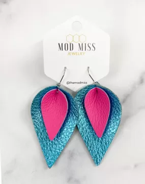 Leather Stacked  Petal Earring Hot Pink   Metallic Turquoise 