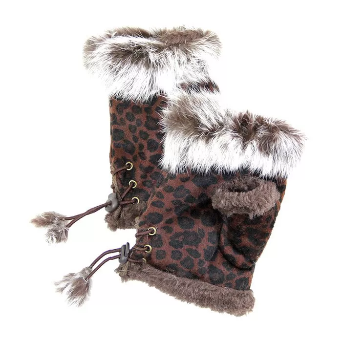 Leopard Fingerless Faux Fur Trim Faux Suede Adjust Gloves