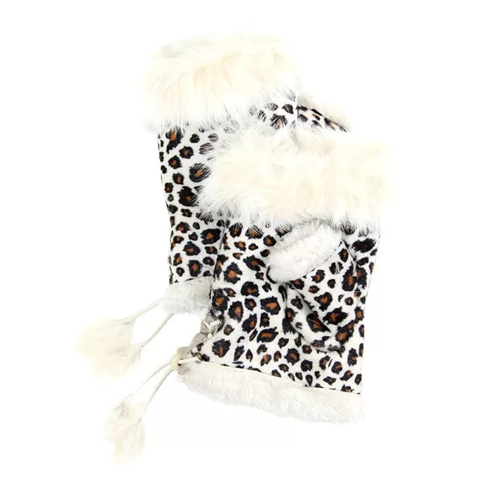 Leopard Fingerless Faux Fur Trim Faux Suede Adjust Gloves