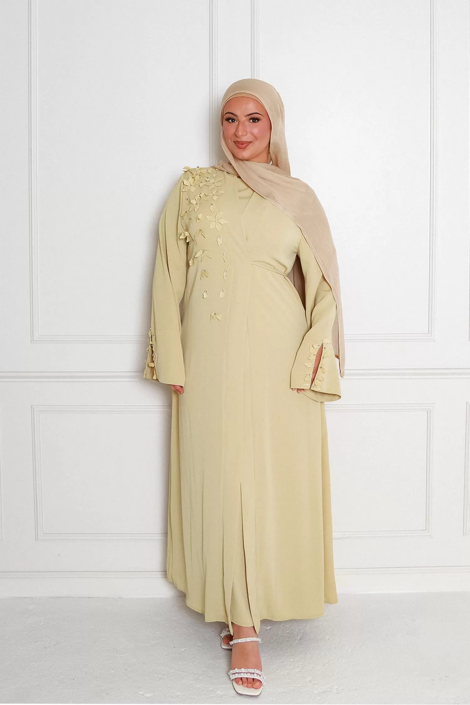 Lilian Embroidery Abaya Set- Butter Yellow