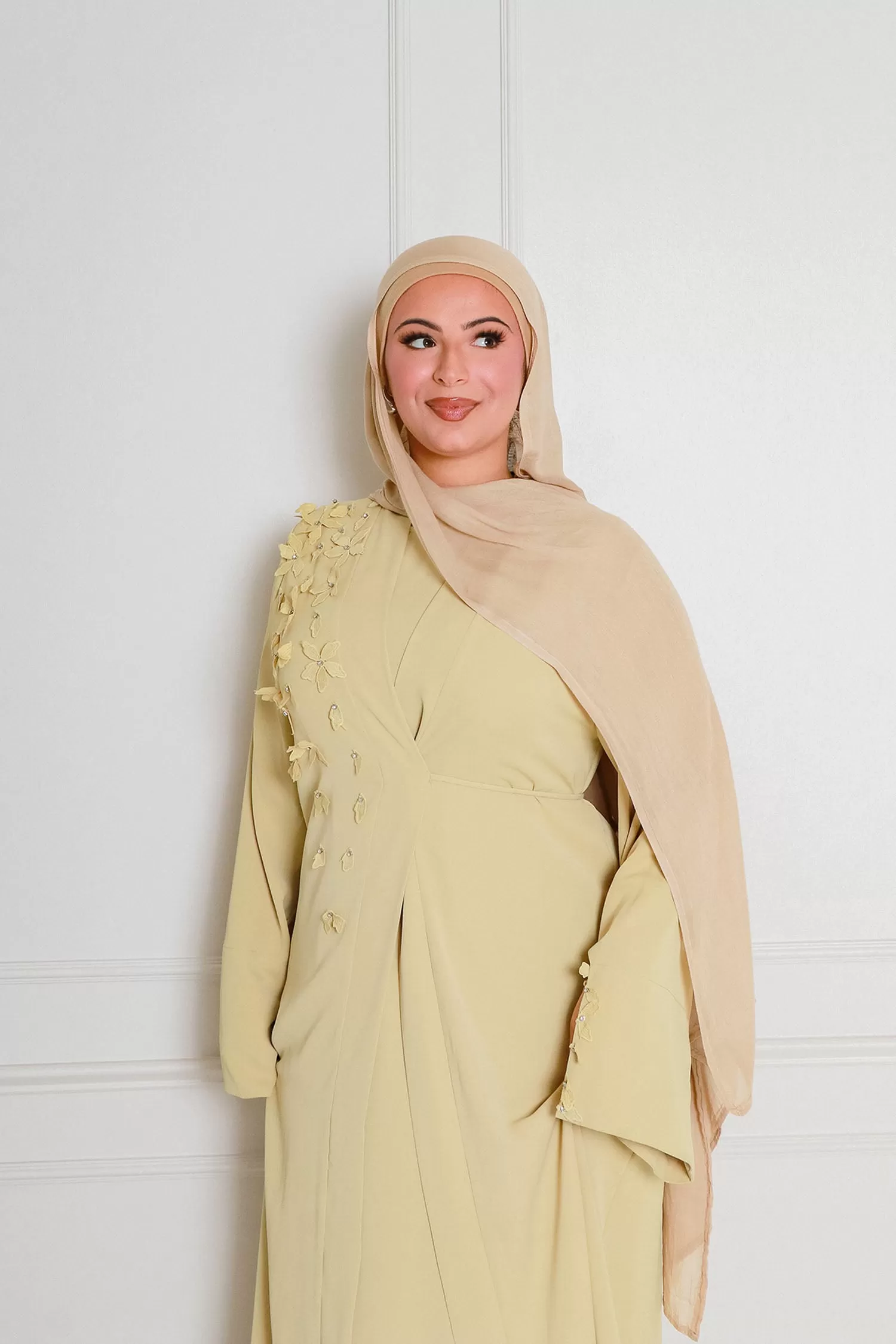 Lilian Embroidery Abaya Set- Butter Yellow