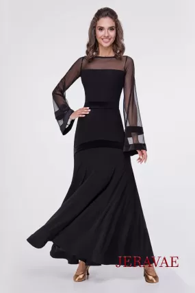 Long Black Ballroom Practice Skirt with Stretch Velvet Detail and Waistband PRA 549