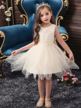 Lovely Princess Silhouette Flower Girl Dresses Jewel Neck Sleeveless Knee-Length Kids Social Party Dress