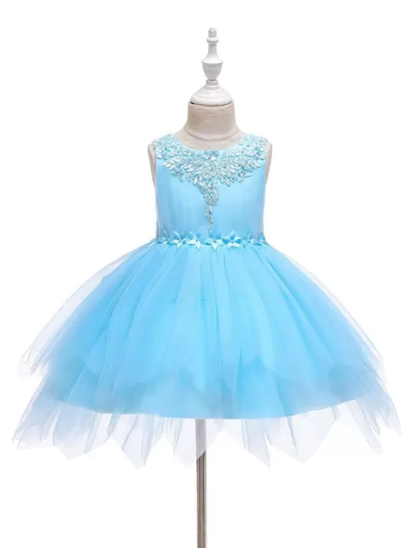 Lovely Princess Silhouette Flower Girl Dresses Jewel Neck Sleeveless Knee-Length Kids Social Party Dress