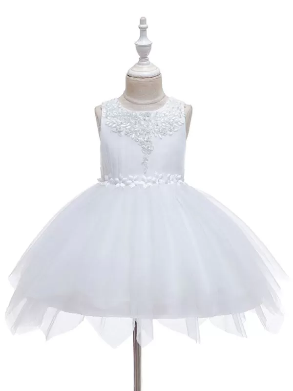 Lovely Princess Silhouette Flower Girl Dresses Jewel Neck Sleeveless Knee-Length Kids Social Party Dress