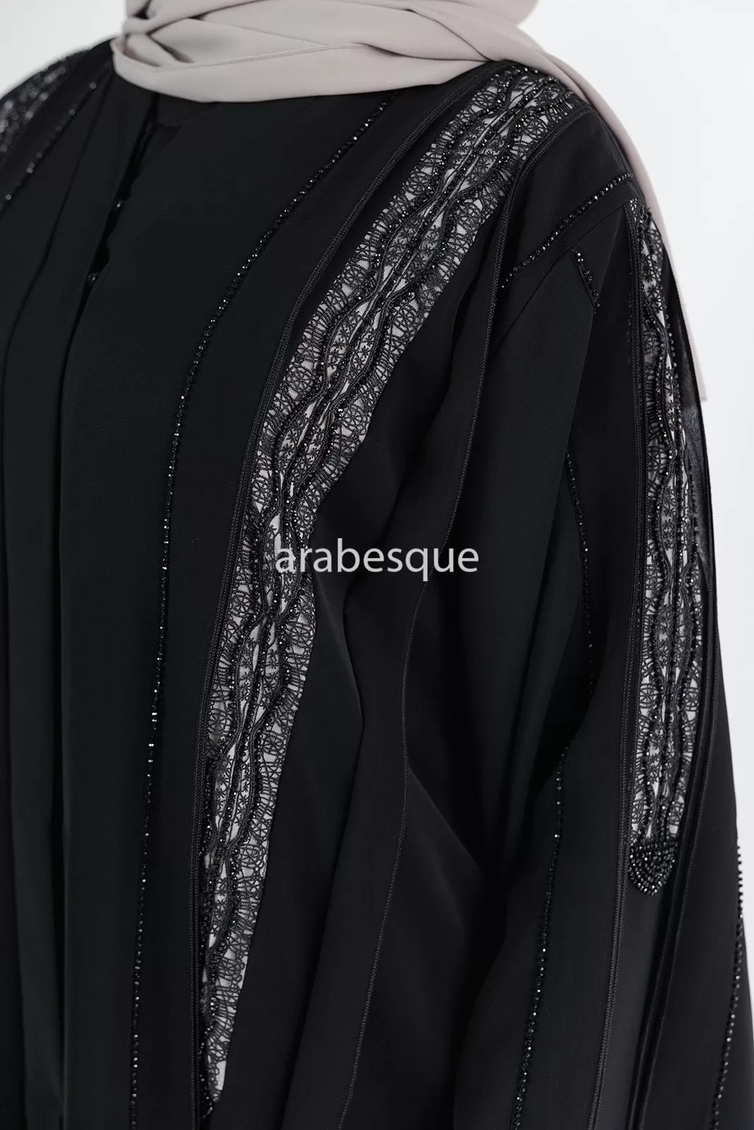 Luxury Black Open Abaya with Diamante and Lace Detailing