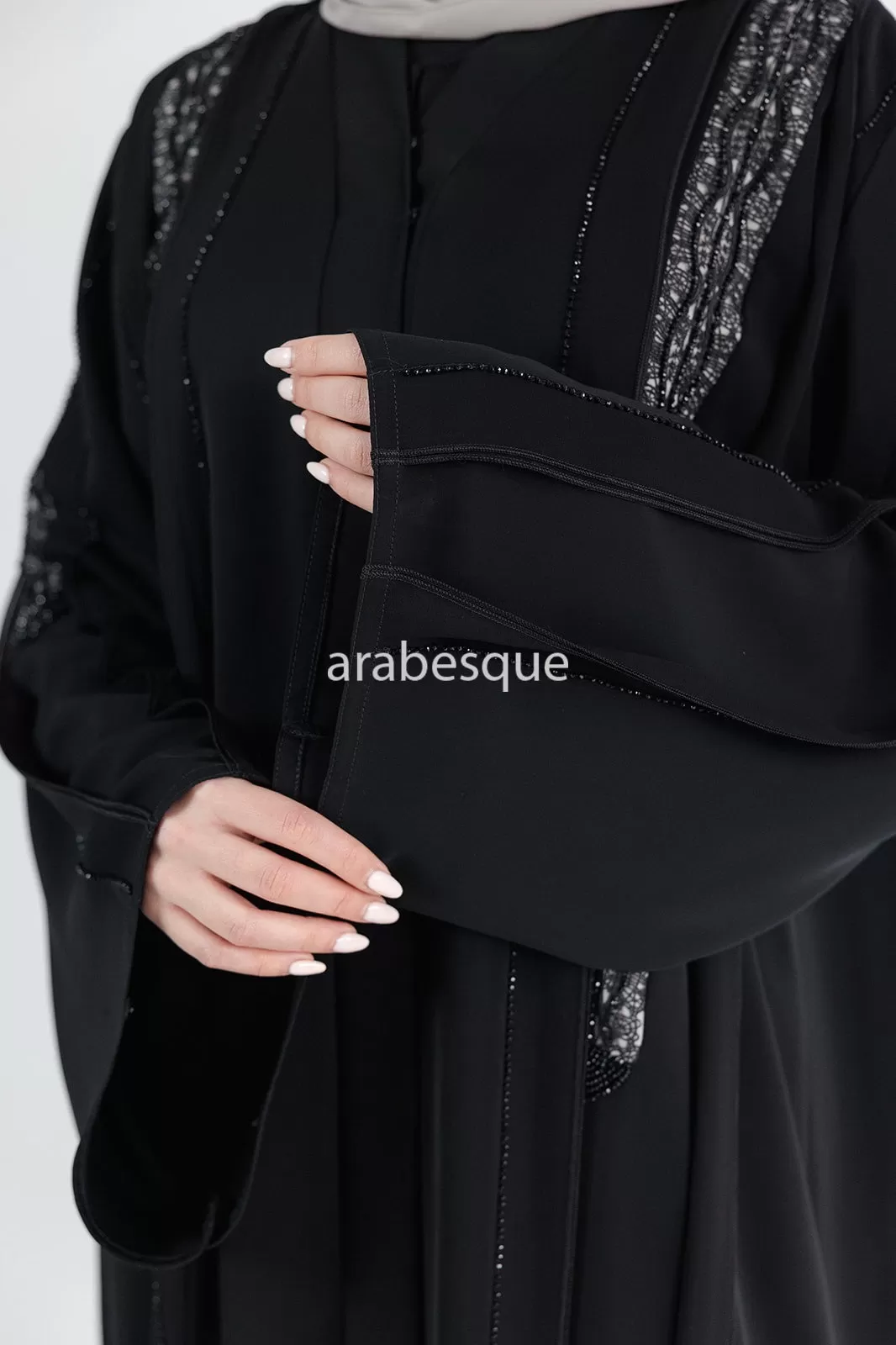 Luxury Black Open Abaya with Diamante and Lace Detailing