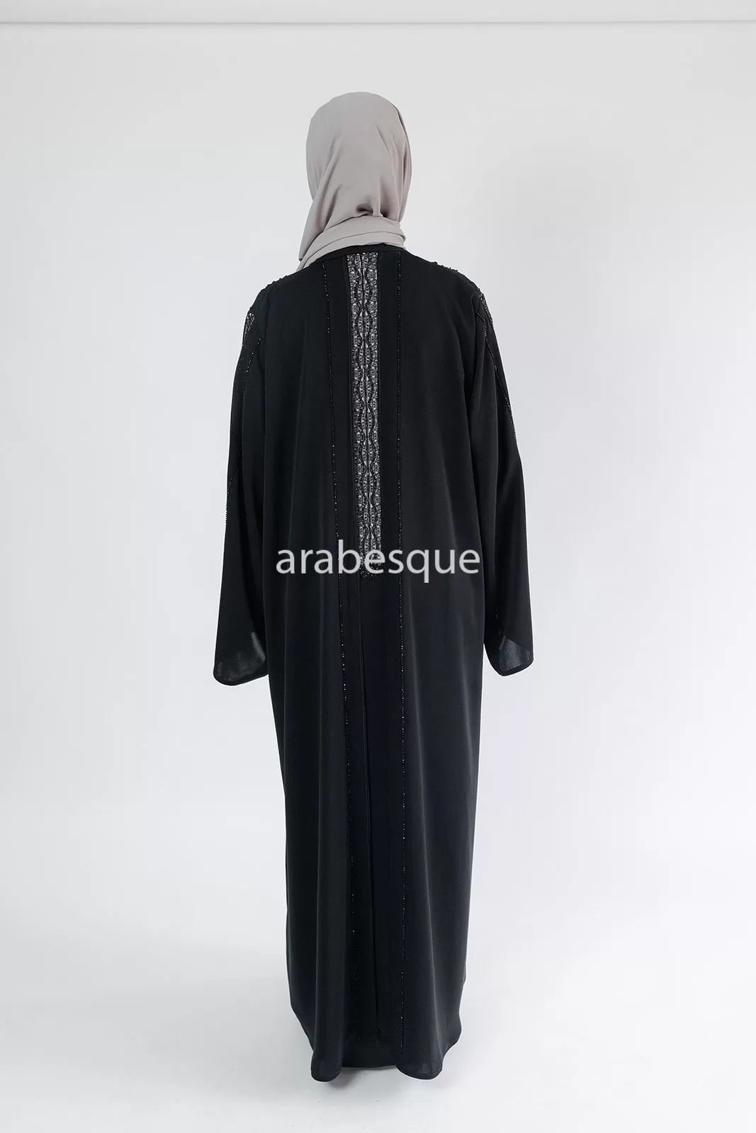 Luxury Black Open Abaya with Diamante and Lace Detailing