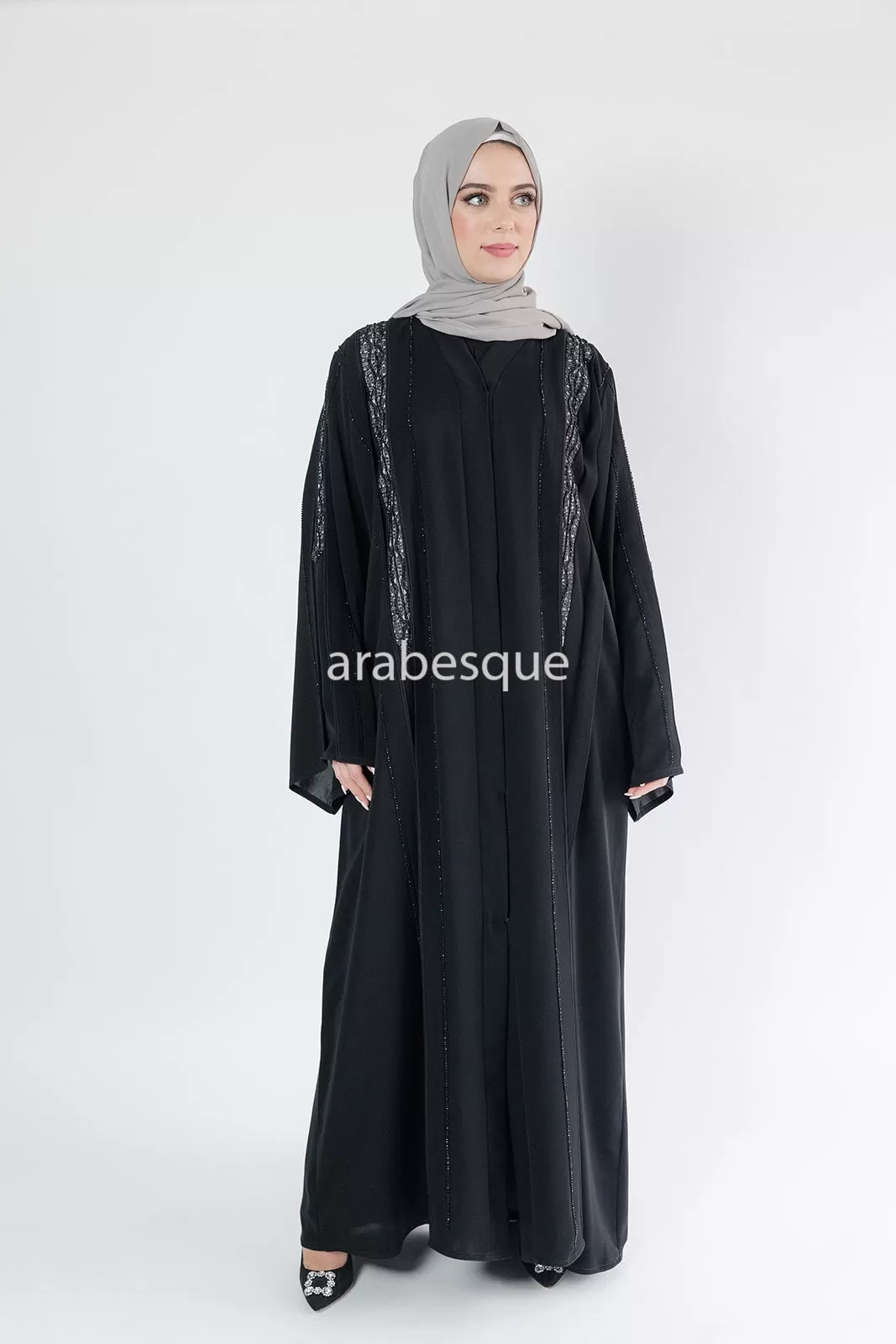 Luxury Black Open Abaya with Diamante and Lace Detailing